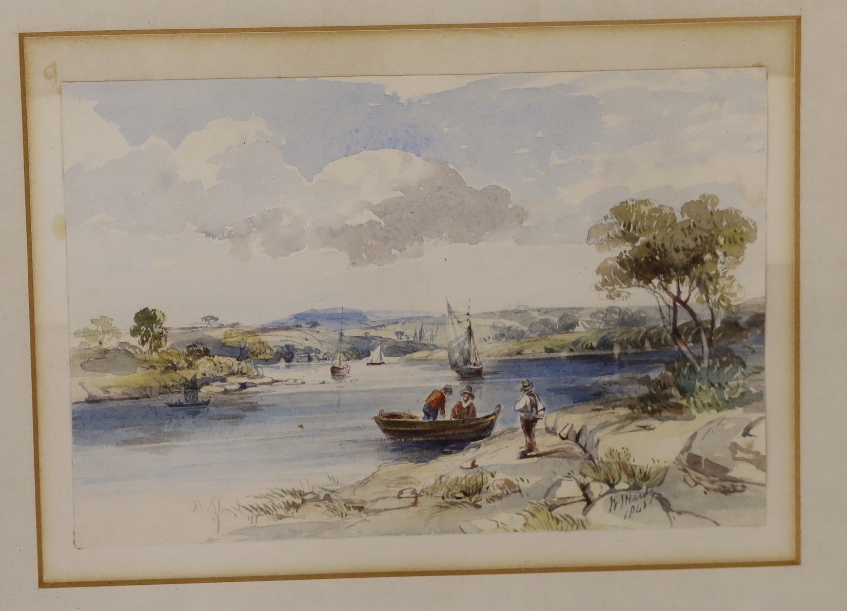 W. J. Hardy (19th C.), two watercolours, Named warships in harbour and Estuary scene, both signed and dated 1845, 12 x 17cm